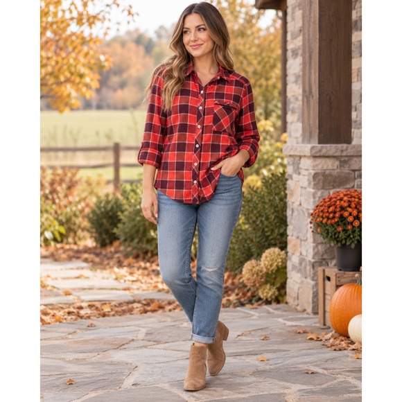 aerie Tops - Aerie Red Plaid Flannel Button Down Shirt XS Burgundy Long Sleeve Pocket Top